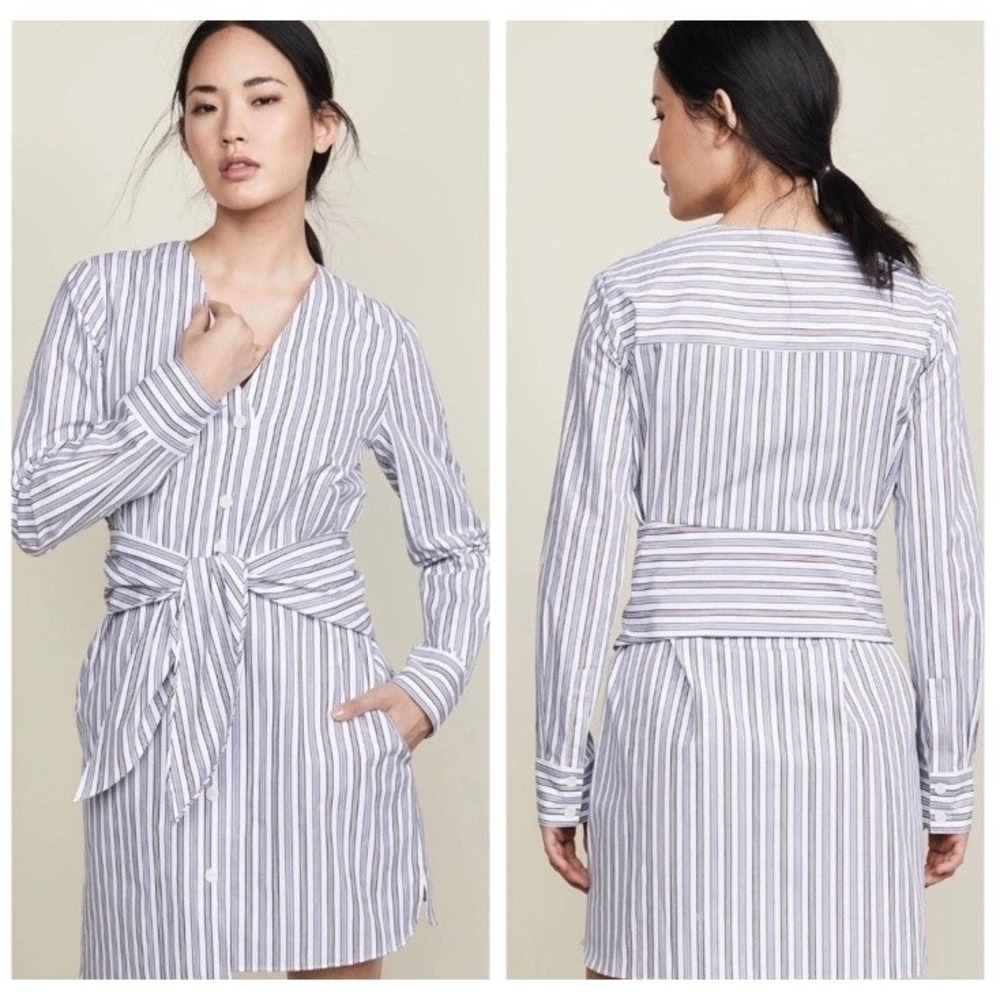 Tibi Blue and White Striped Liam Stripe V-Neck Long Sleeve Shirtdress Size 12